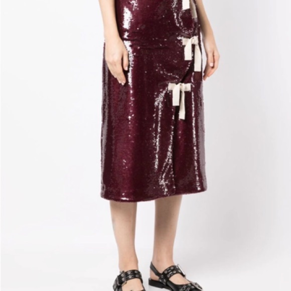 Ganni Sequin Midi Skirt with Bows - Burgundy size 34 - Picture 8 of 8